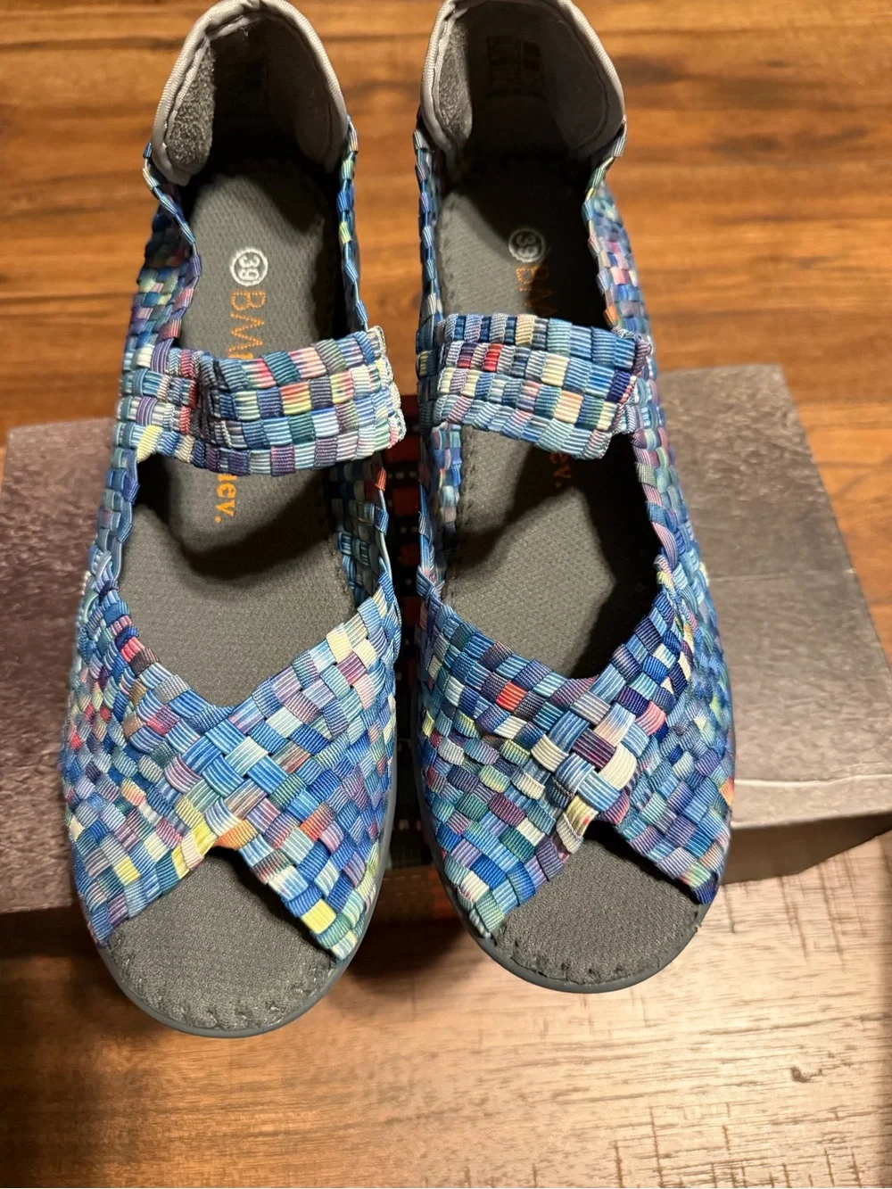 bernie mev. Multicolor Woven Crossover Wedge Sandals